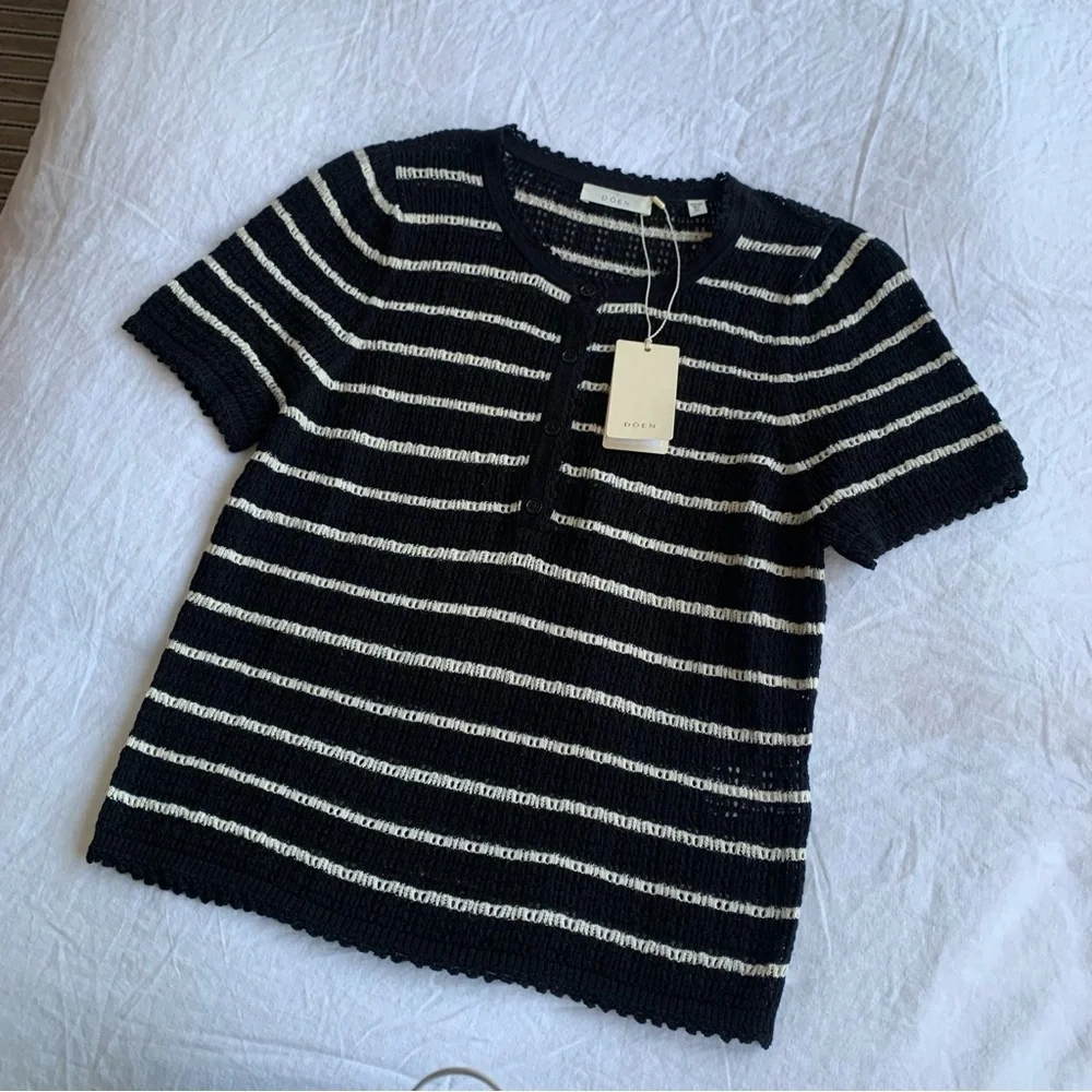 NWT Doen Brandie Cotton Silk Short Sleeve Puff Sweater Top Noir Allaire Stripe